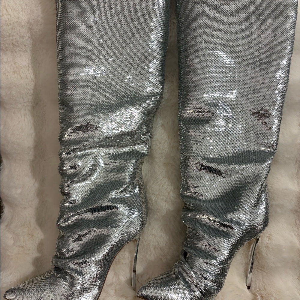Casadei Silver Sequin Heeled Boots - Picture 3 of 6